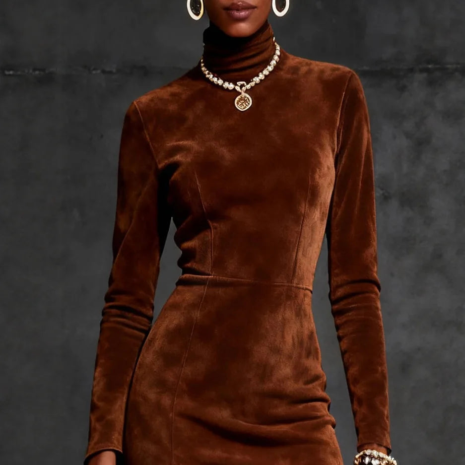 FZ Women's Suede Faux Leather Turtleneck Tassel Trim Slim Mini Dress