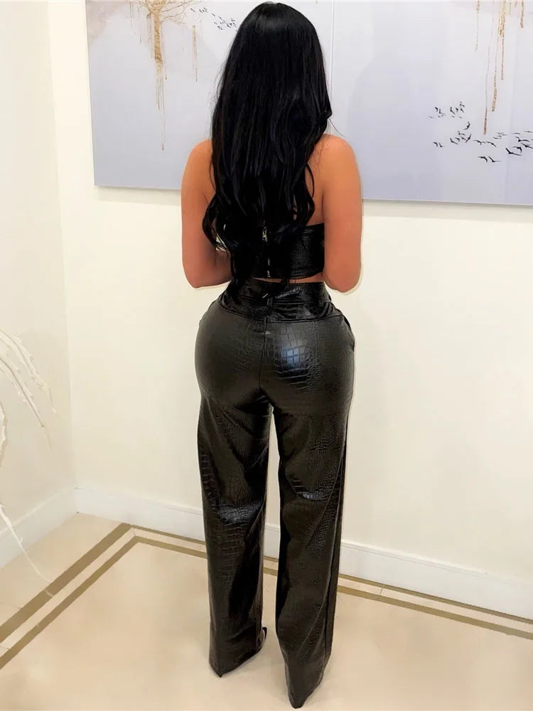 FZ Women's Cut-Out Sexy Sleeveless PU Leather 2 Piece Pants Suit