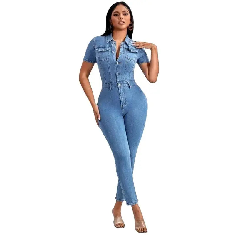 FZ Women's Commuter Slim Fit Pencil Tight Single-breasted Denim Jumpsuit