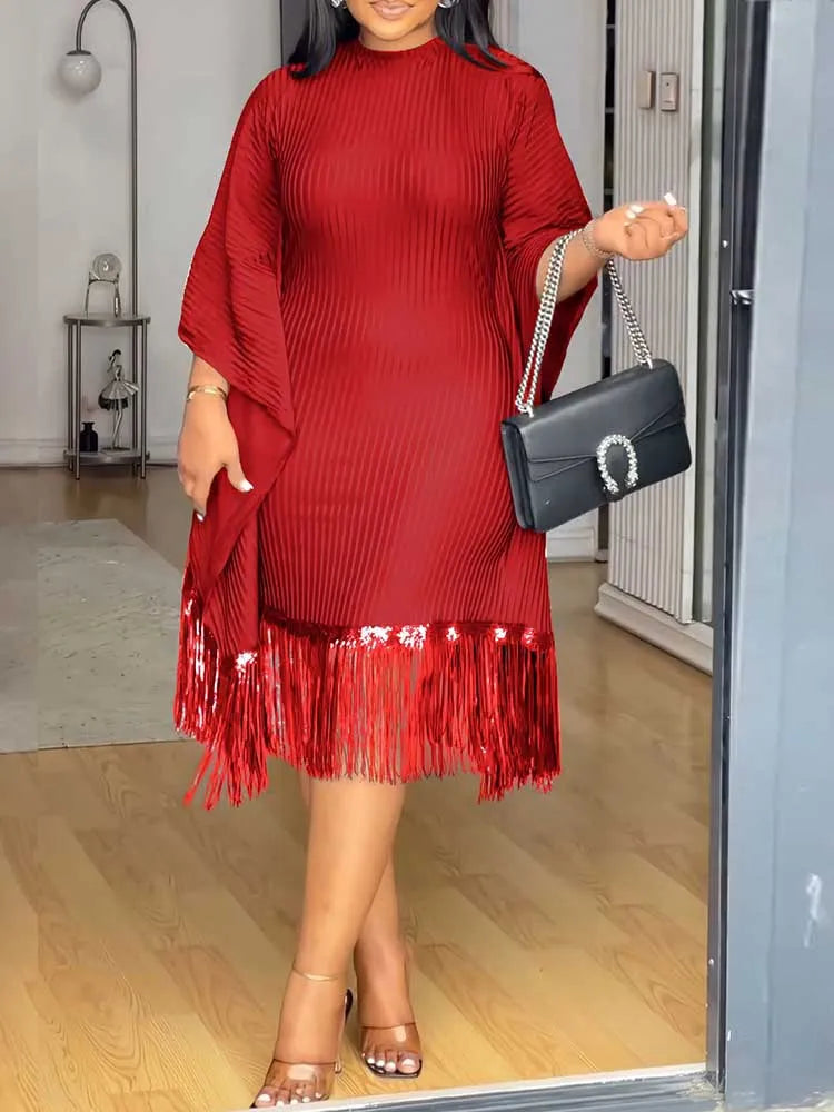 FZ Women's Tassel Sequin Stretchy Batwing Sleeves French Style Knitted Dress