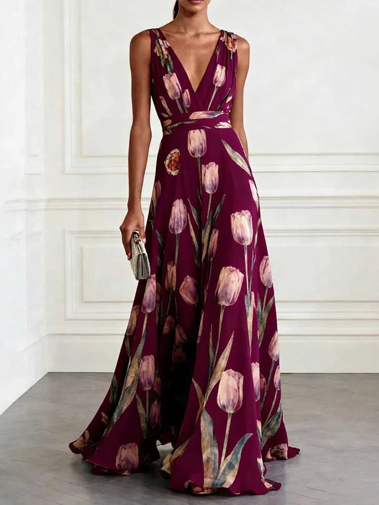 FZ Women's Chic Deep V-neck Sleeveless Floral Sundress