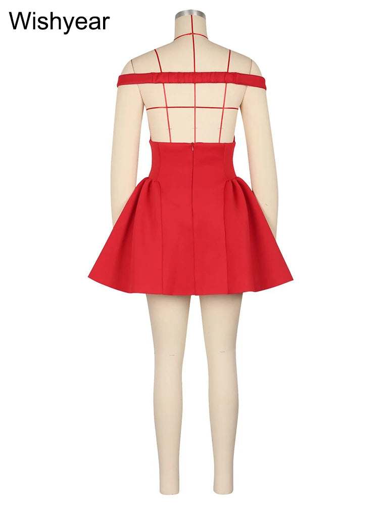 FZ Women's Halter A-line Deep V Off Shoulder Backless Mini Dress