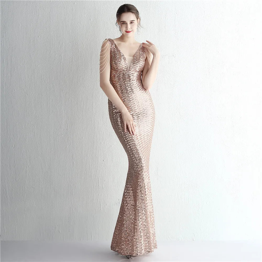 FZ Women's V Neck Sequin Maxi Beading Evening Dress