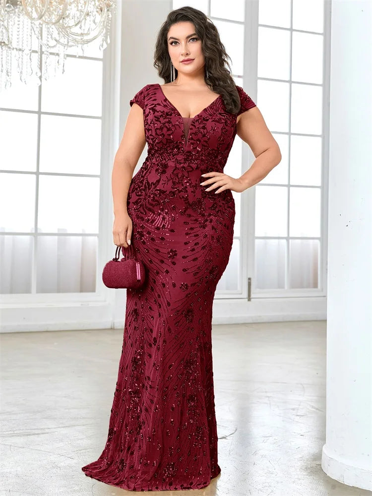 FZ Women's Plus Size V-neck Sequins Floor Length Evening Dress