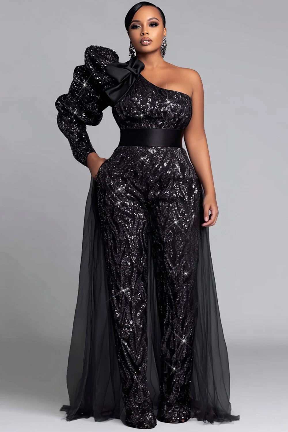 FZ Women's Plus Size One Shoulder Long Sleeve Peplum Sequin Jumpsuit