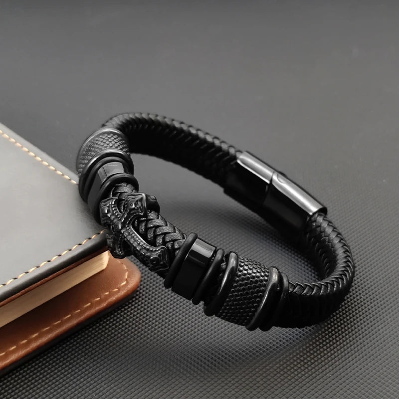 FZ Men's Hand-woven Rope Multi-layer Stainless Steel Leather Cross Bracelet