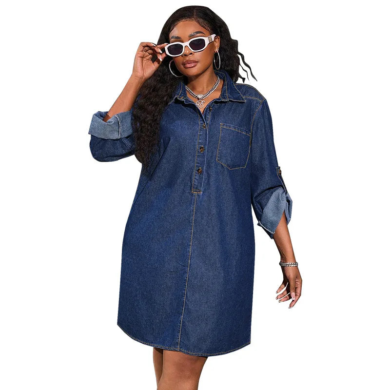 FZ Women's Solid Pocket Turn Down Collar Knee Length Single Breasted Denim Dress