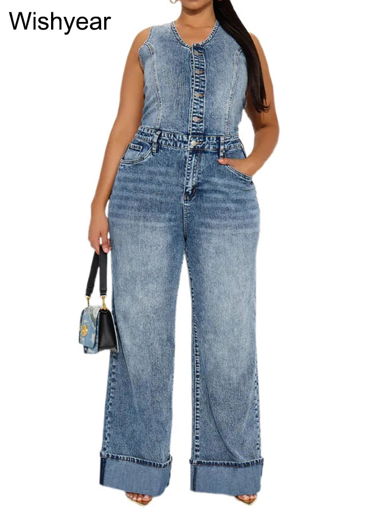 FZ Women's High Waist Wide Leg Cuffed Hem Button Front Sleeveless Denim Jumpsuit