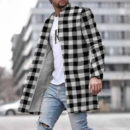 FZ Men's Woolen Stand Collar Medium Long Pocket Jacket