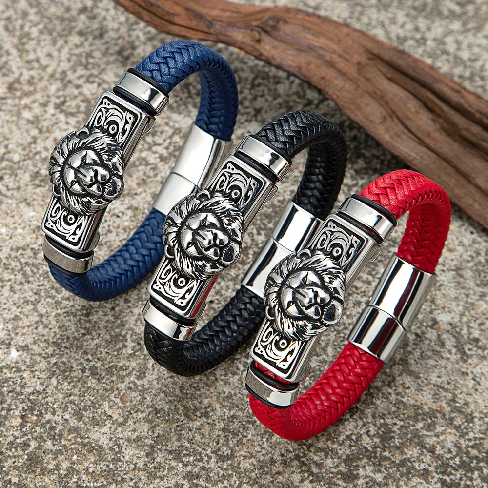 FZ Punk Lion Braided Genuine Leather Stainless Steel Magnetic Buckle Bracelet