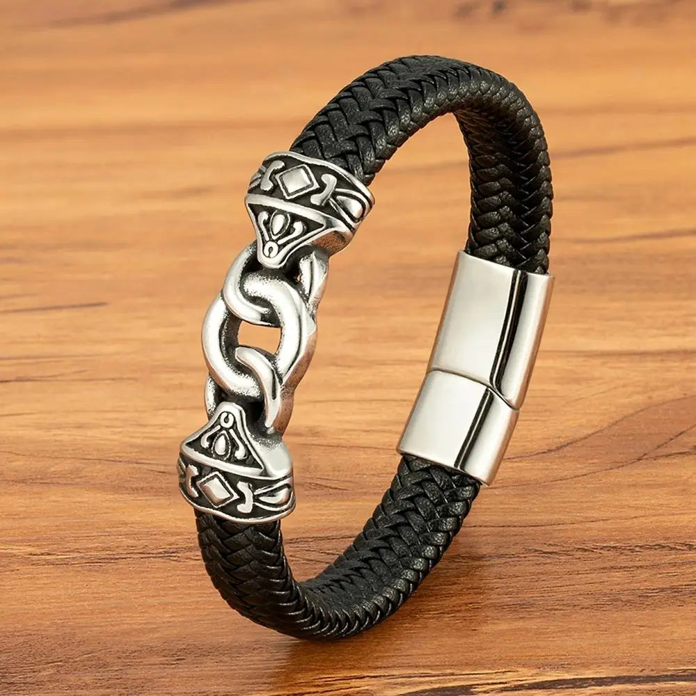 FZ Men's Stainless Steel Interlocking Leather Braided Bracelets