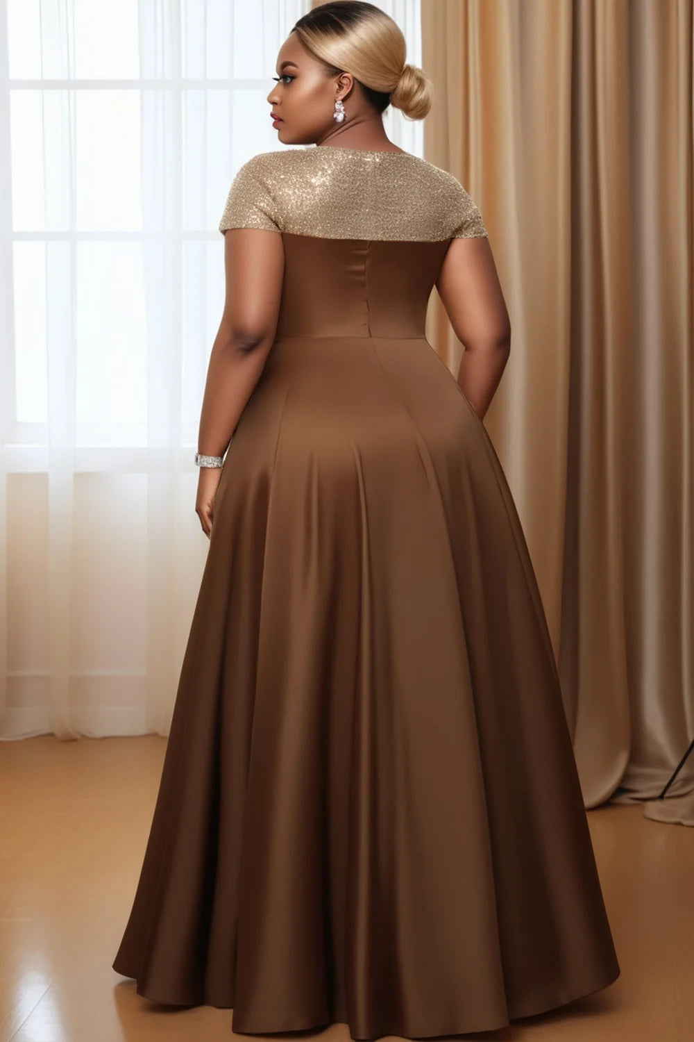 FZ Women's Plus Size V Neck Short Sleeve Fold Contrast Satin Maxi Dress