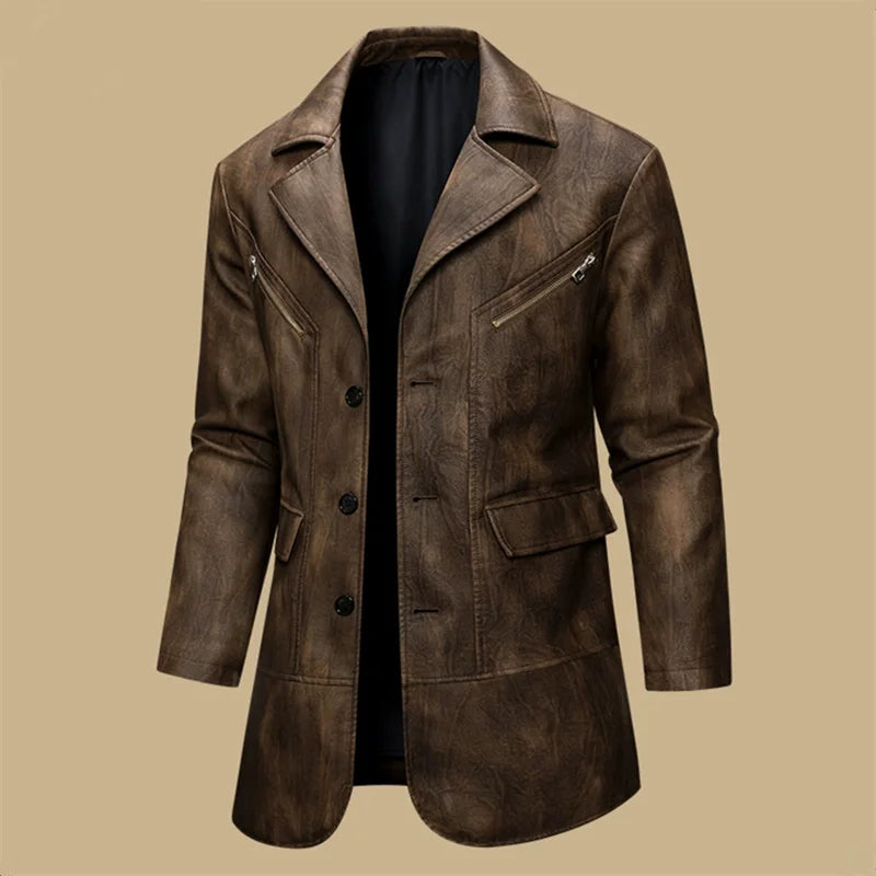 FZ Men's Vintage PU Leather Turn Down Collar Blazer Jacket