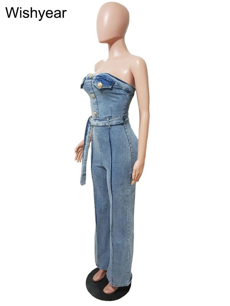 FZ Women's High Waist Hollow Out Wide Leg Off Shoulder Backless Denim Jumpsuit