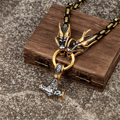 Punk Norse Runes Vikings Dragon Necklace Men's Black Mix Gold Color Stainless Steel Anchor Pendant Mjolnir Scandinavian Jewelry FZwear