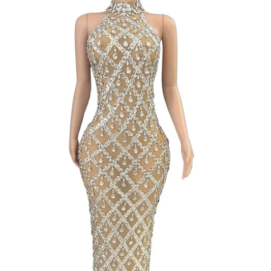 Shiny Rhinestone Turtleneck Sleeveless Sexy Mesh Perspective Plaid Evening Reception Dress Skirt Hollow FZwear