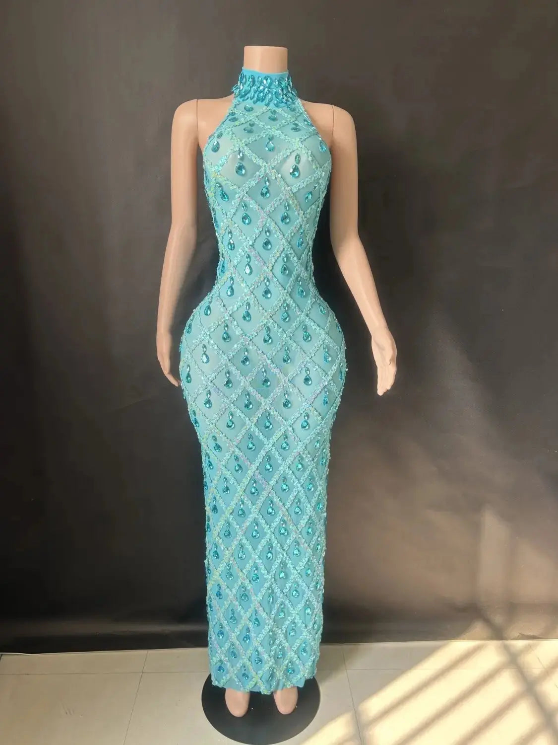 Shiny Rhinestone Turtleneck Sleeveless Sexy Mesh Perspective Plaid Evening Reception Dress Skirt Hollow FZwear