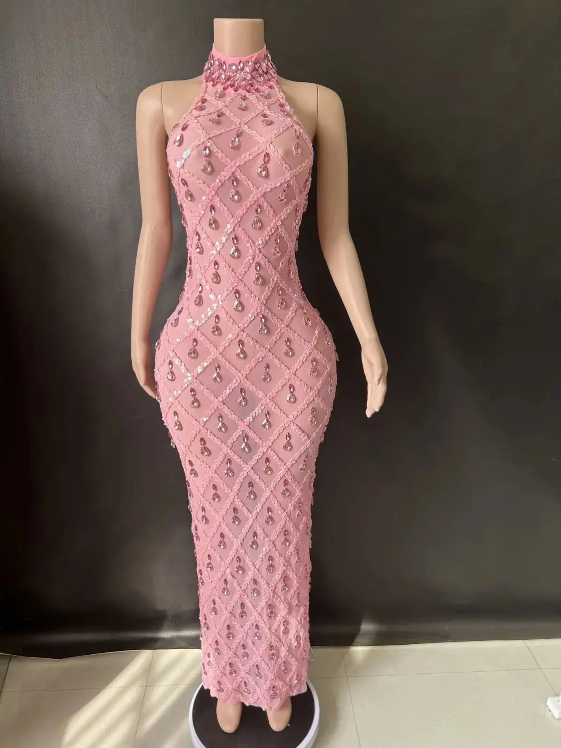 Shiny Rhinestone Turtleneck Sleeveless Sexy Mesh Perspective Plaid Evening Reception Dress Skirt Hollow FZwear