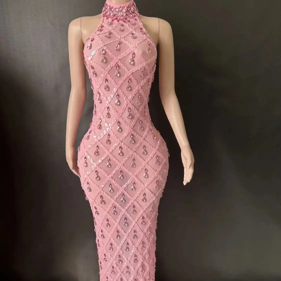 Shiny Rhinestone Turtleneck Sleeveless Sexy Mesh Perspective Plaid Evening Reception Dress Skirt Hollow FZwear