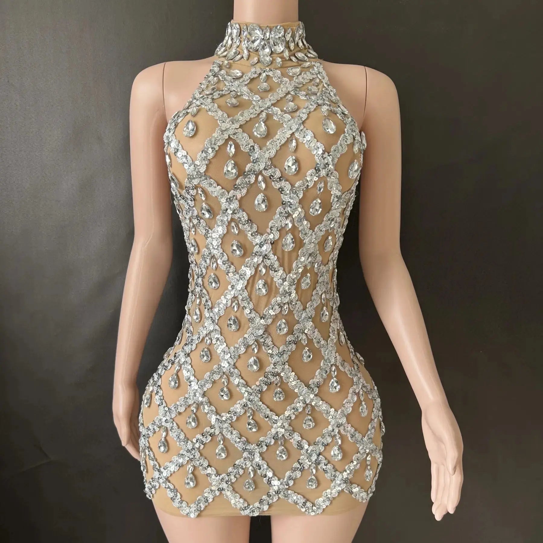 Shiny Rhinestone Turtleneck Sleeveless Sexy Mesh Perspective Plaid Evening Reception Dress Skirt Hollow FZwear