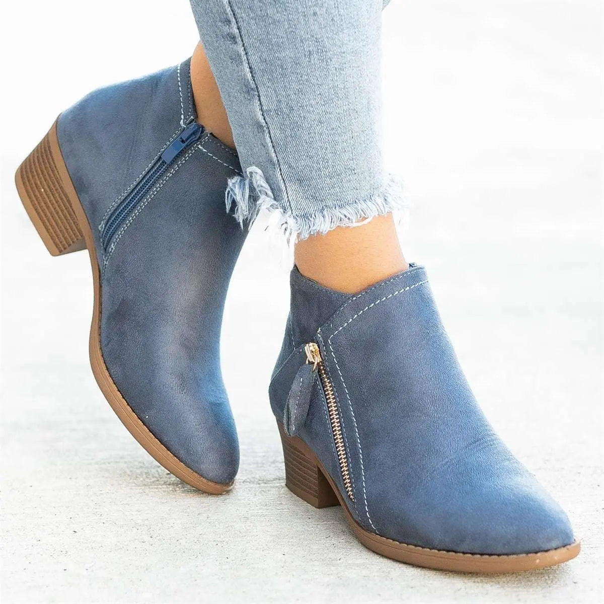 Short Tube Side Zipper round Toe Boots Women Suede Thick Heel Thin Martin Boots ZUIMEI