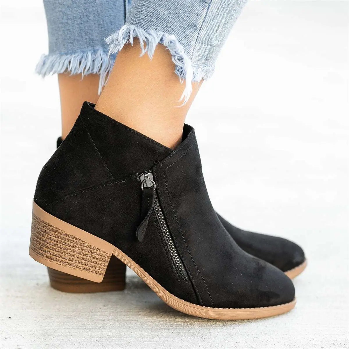 Short Tube Side Zipper round Toe Boots Women Suede Thick Heel Thin Martin Boots ZUIMEI