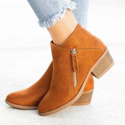 Short Tube Side Zipper round Toe Boots Women Suede Thick Heel Thin Martin Boots ZUIMEI