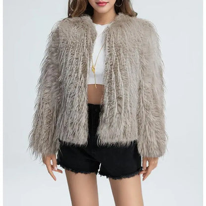 Solid Color Round Neck Tassel Wool Faux Fur Short Coat Women Urban Women Clothing Coat BEGINNING