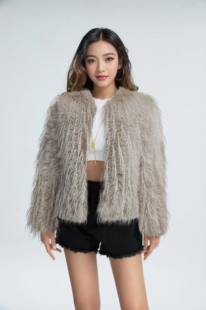 Solid Color Round Neck Tassel Wool Faux Fur Short Coat Women Urban Women Clothing Coat BEGINNING