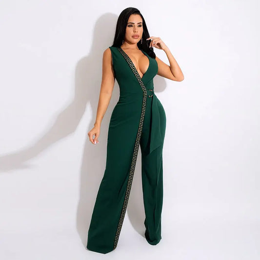 Spring Deep V Plunge Neck Slim Fit Jumpsuit Simple Smart Trousers Containing Belt MOOYAA