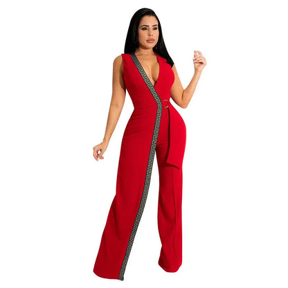 Spring Deep V Plunge Neck Slim Fit Jumpsuit Simple Smart Trousers Containing Belt MOOYAA