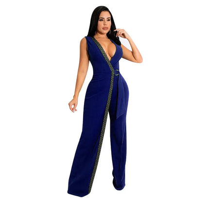 Spring Deep V Plunge Neck Slim Fit Jumpsuit Simple Smart Trousers Containing Belt MOOYAA