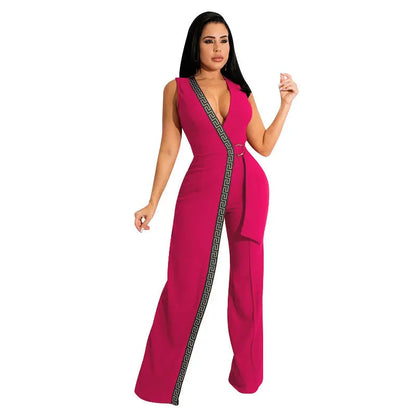 Spring Deep V Plunge Neck Slim Fit Jumpsuit Simple Smart Trousers Containing Belt MOOYAA