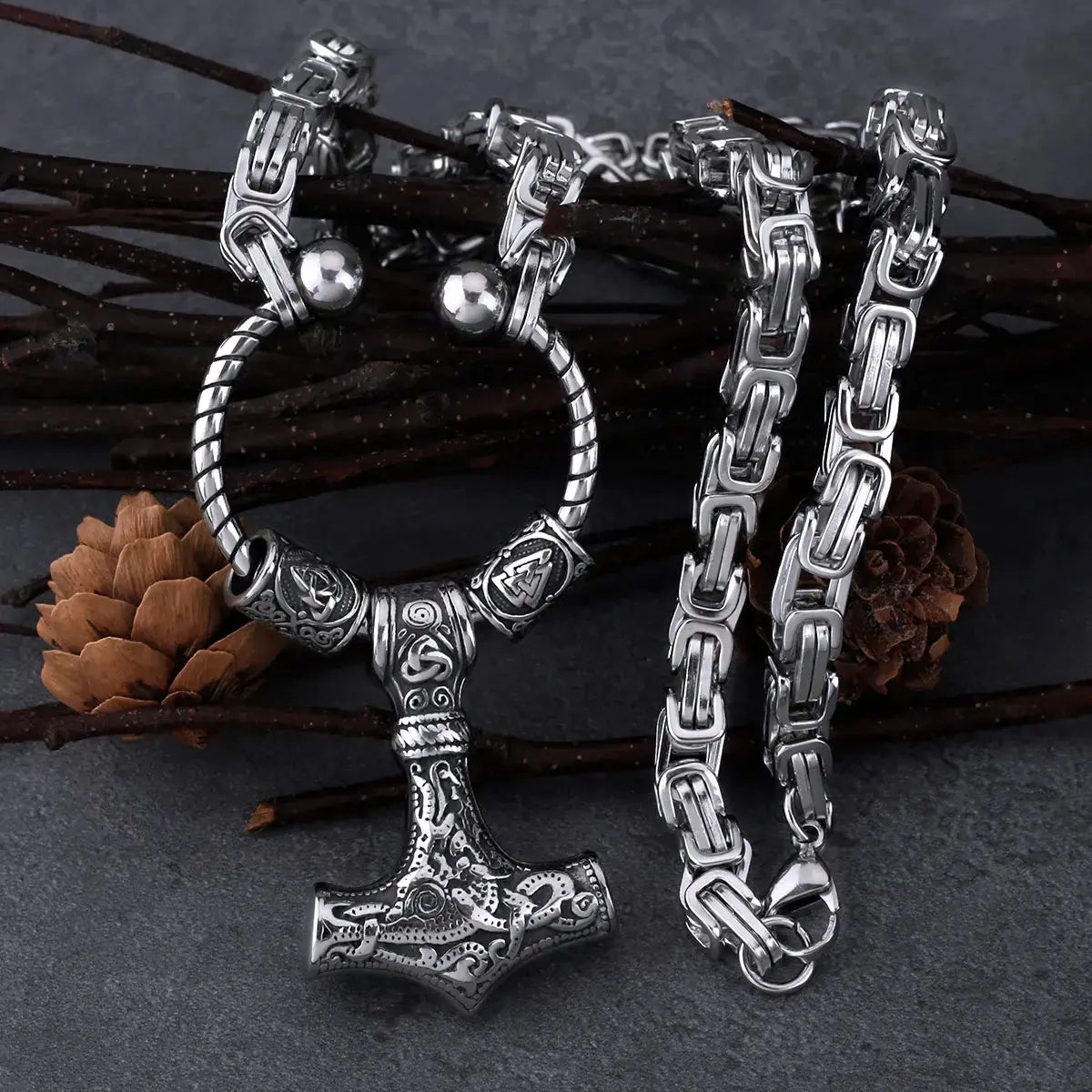 Stainless Steel Viking Thor's Hammer Set Men's Retro Creative Pendant Necklace Party Gift Jewelry FZwear