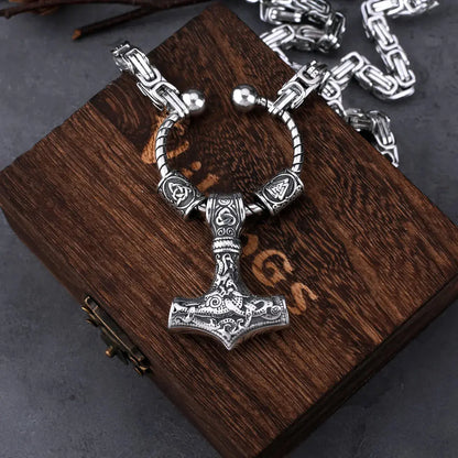 Stainless Steel Viking Thor's Hammer Set Men's Retro Creative Pendant Necklace Party Gift Jewelry FZwear