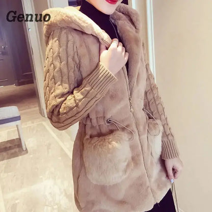 Stitching Plush Thick Hooded Jacket Autumn Winter Fashion Knitted Rabbit Fur Jackets Patch Faux Fur Thickening Female Outerwear FZwear