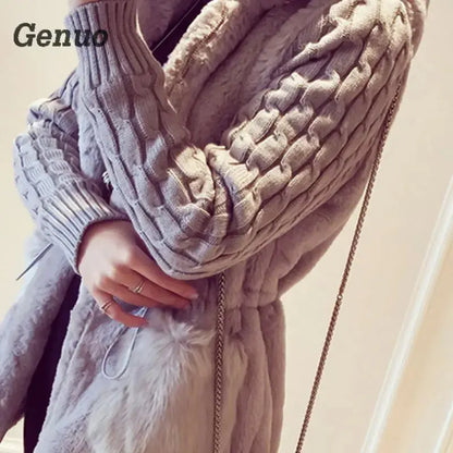 Stitching Plush Thick Hooded Jacket Autumn Winter Fashion Knitted Rabbit Fur Jackets Patch Faux Fur Thickening Female Outerwear FZwear