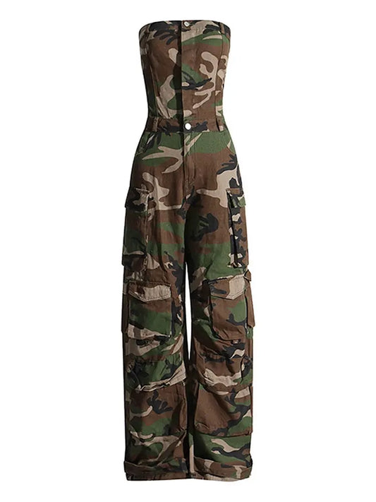 Street Army Green Camouflage Print Cargo Pants Tube Top FZwear