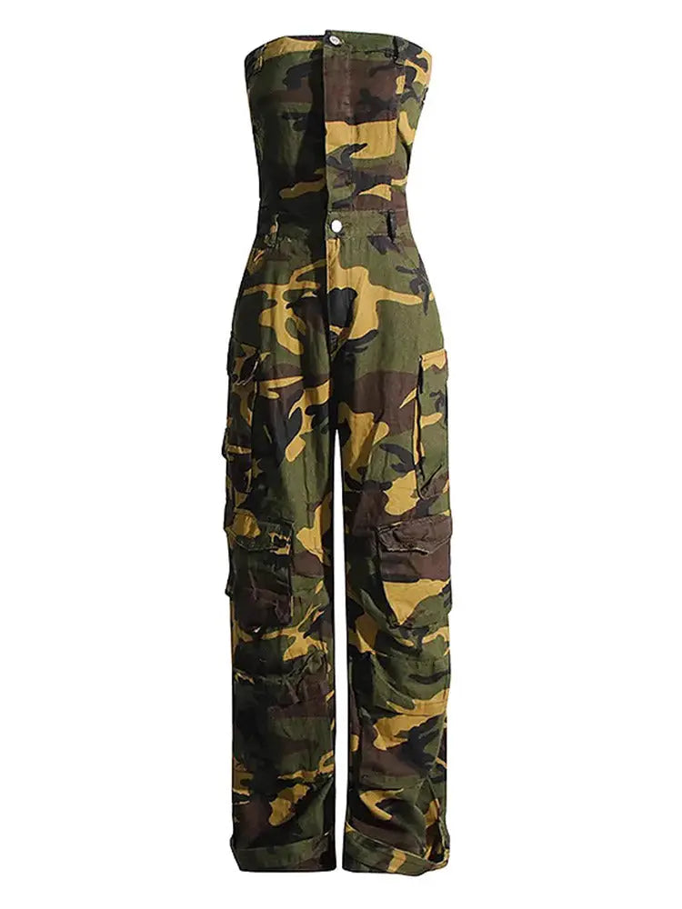 Street Army Green Camouflage Print Cargo Pants Tube Top FZwear