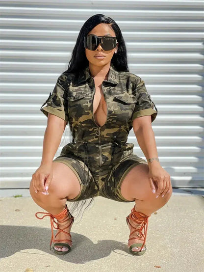 Streetwear Camouflage Print Rompers Playsuits Women Summer Y2K Clothes Short Sleeve Bodycon Jumpsuit One Pieces Overalls Outfits FZwear