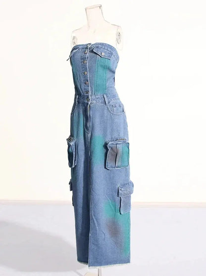 Streetwear Colorblock Denim Dresses For Women Strapless Sleeveless High Waist Camouflage Slim Split Long Dress Female FZwear