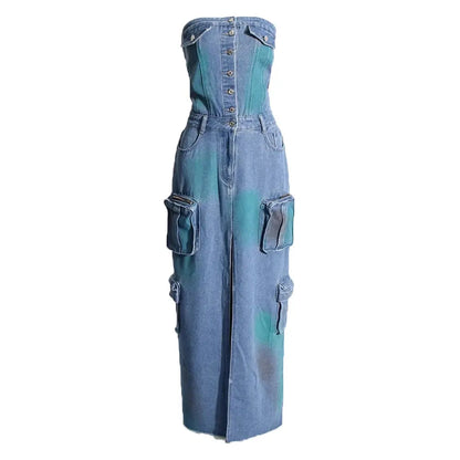 FZ Women's Strapless High Waist Camouflage Slim Split Long Denim Dress