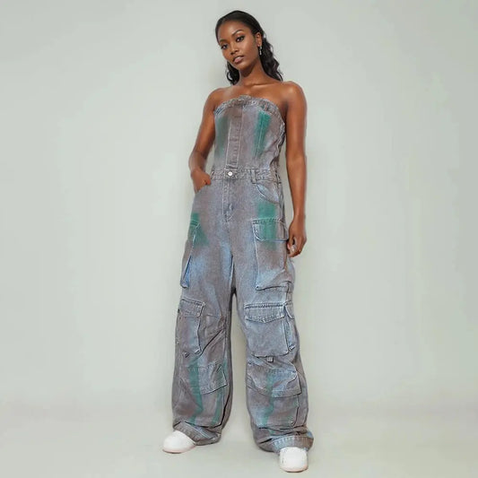 Streetwear Colorblock Denim Jumpsuits For Women Strapless Sleeveless High Waist Spliced Pockets Vintage Jumpsuit Female FZwear