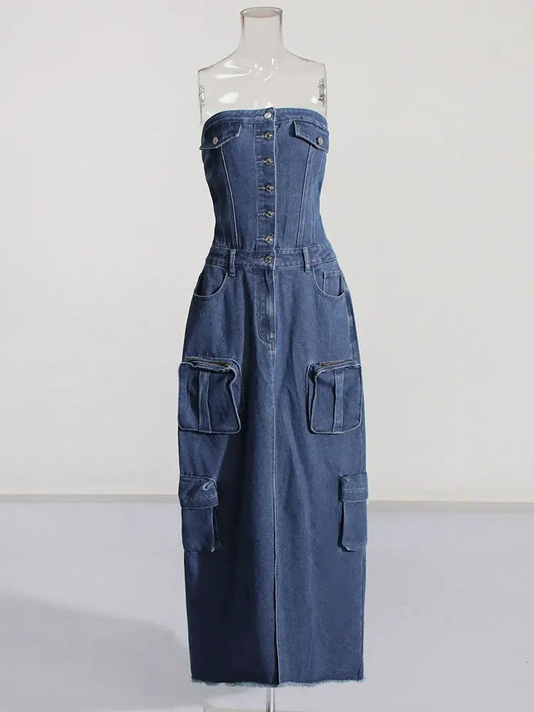 Streetwear Denim Dresses For Women Strapless Sleeveless Single Breasted High Waist Loose Split Solid Drss Female Summer FZwear