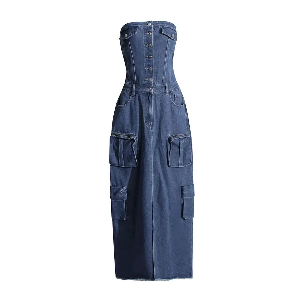 FZ Women's Strapless Single Breasted High Waist Loose Split Denim Dress