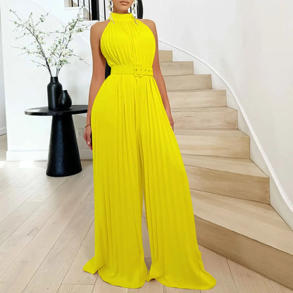 Summer Sexy Solid Color Sleeveless Sexy Wide Leg Pleated Wide Leg Jumpsuit Morn