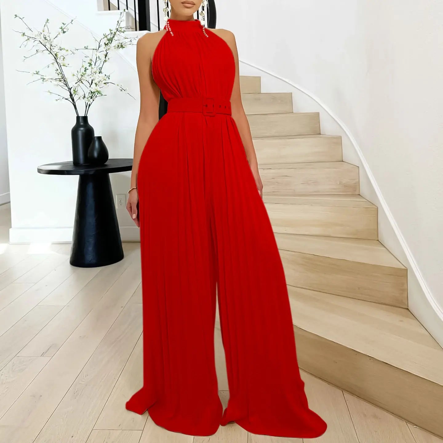 Summer Sexy Solid Color Sleeveless Sexy Wide Leg Pleated Wide Leg Jumpsuit Morn