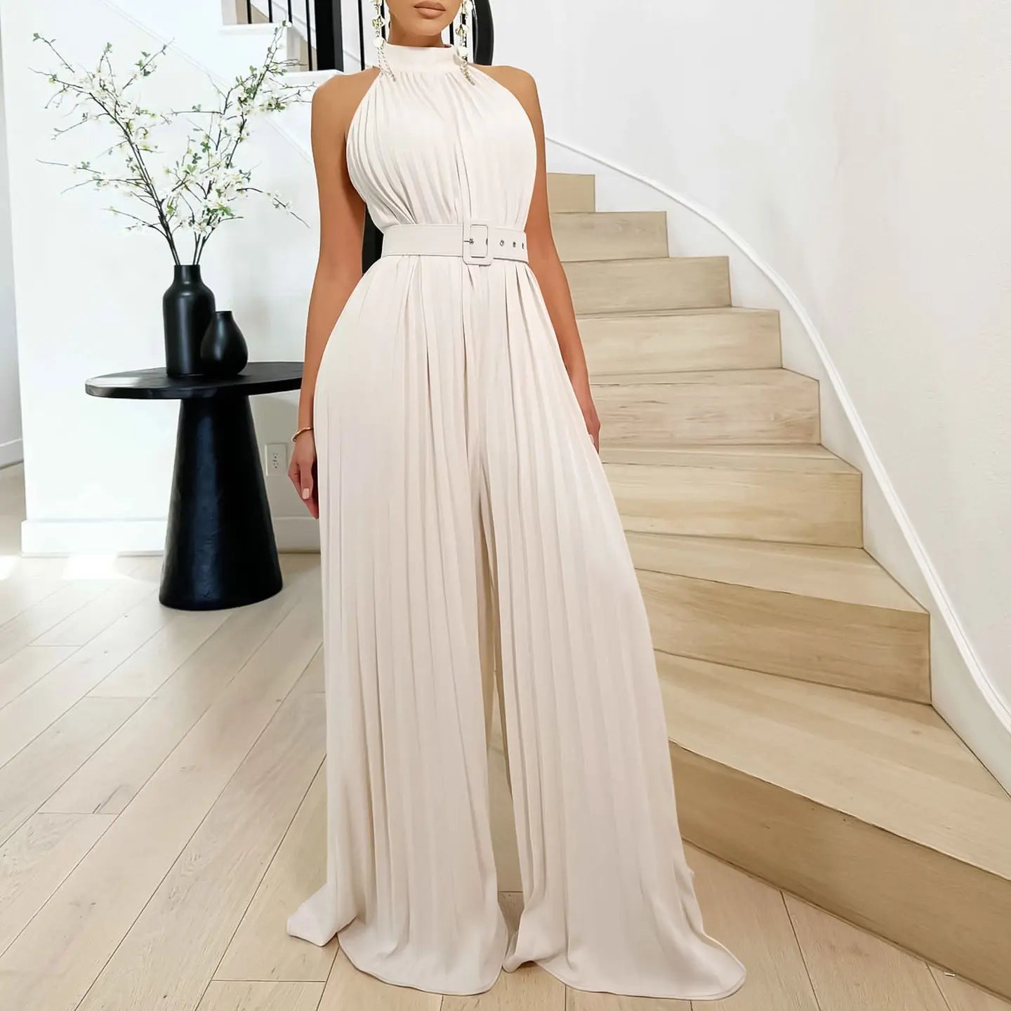 Summer Sexy Solid Color Sleeveless Sexy Wide Leg Pleated Wide Leg Jumpsuit Morn