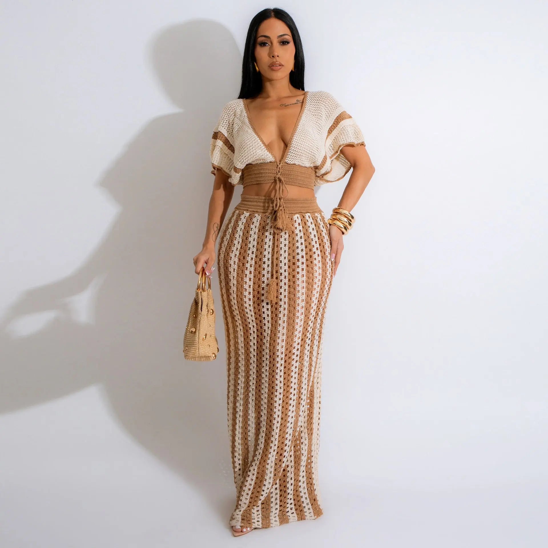 Summer Women Clothing Sexy V Neck Hollow Out Cutout Striped Knitted Women Skirt Set MSTYLE