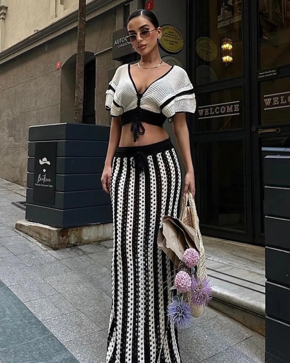 Summer Women Clothing Sexy V Neck Hollow Out Cutout Striped Knitted Women Skirt Set MSTYLE